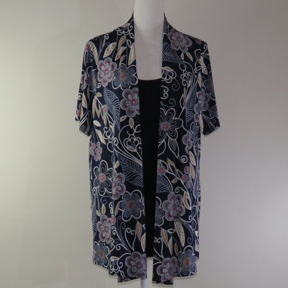 Lavish Short Sleeve Layered Navy Tank & Textured Floral Overlay Top Size XL - Picture 2 of 7